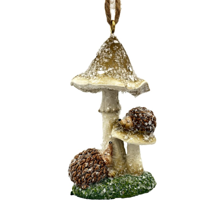 ORN MUSHROOM RESIN BROWN/NATURAL 3.5" FROSTED/GLITTER W/ HEDGEHOGS
