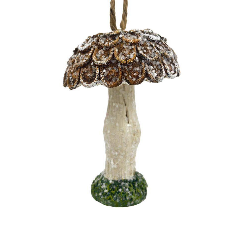 ORN MUSHROOM RESIN BROWN/NATURAL 3" FROSTED/GLITTER SCALLOP CAP