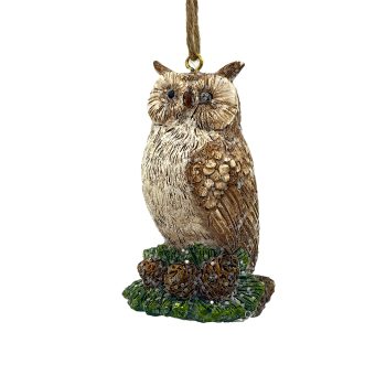 ORN OWL RESIN BROWN/NATURAL 3" FROSTED/GLITTER W/ PINE CONE