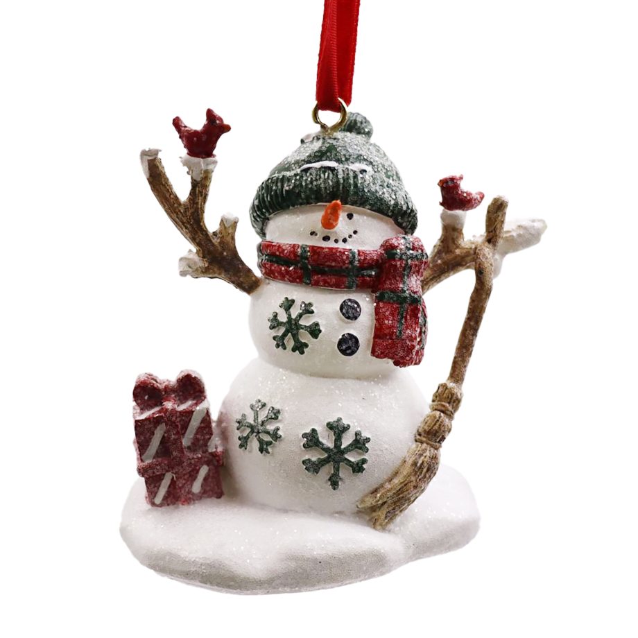 ORN SNOWMAN RESIN RED/WHITE 3.5" FROSTED/GLITTER W/ BROOM & GIFT