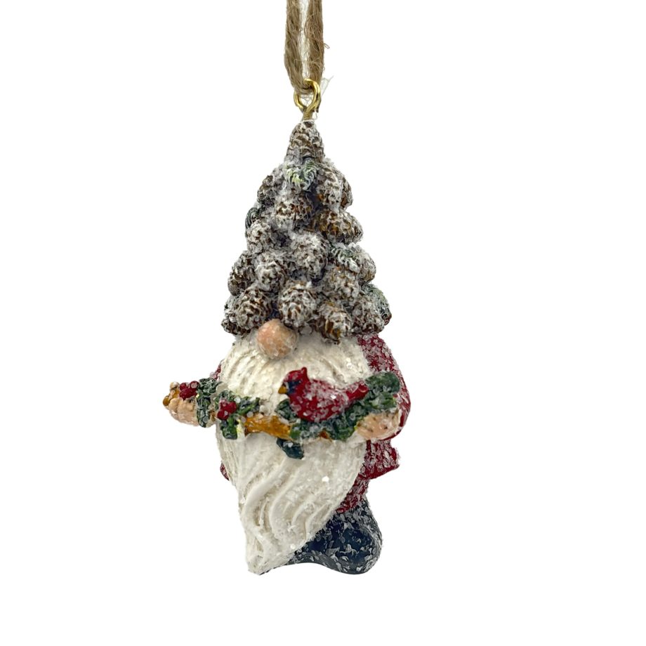 ORN GNOME RESIN RED/WHITE 4" FROSTED/GLITTER W/ CARDINAL