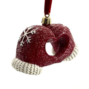 ORN HEART MITTENS RESIN RED/WHITE 2.5" FROSTED/GLITTER W/ SNOWFLAKE