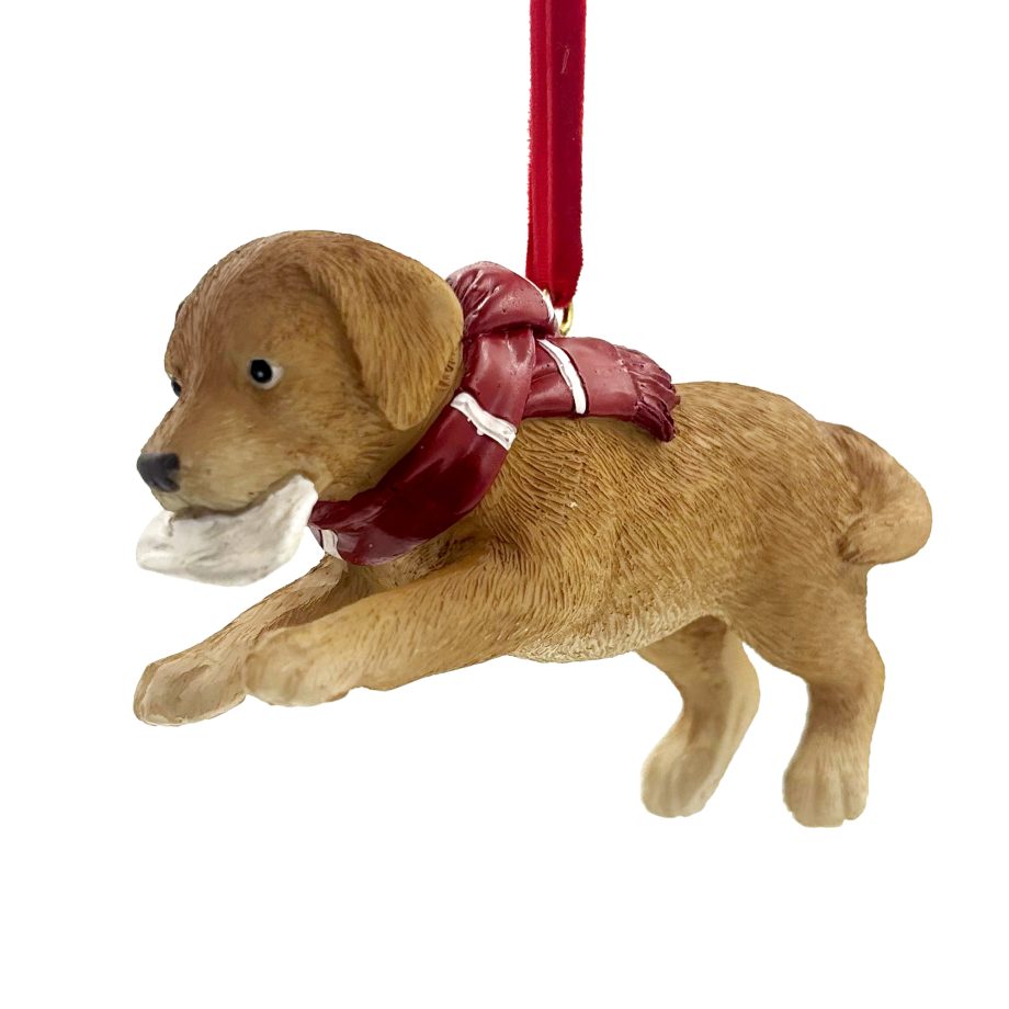 ORN DOG RESIN BROWN/RED 2.5" LEAPING W/ SCARF
