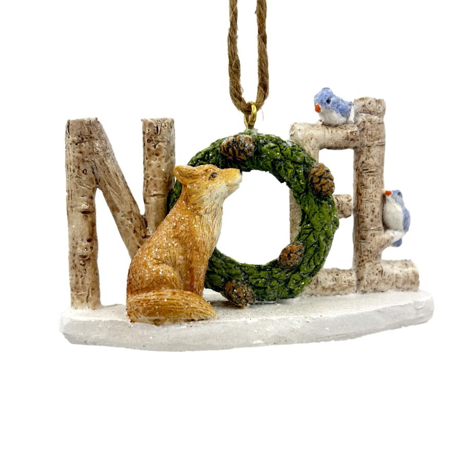 ORN NOEL RESIN BROWN/NATURAL 2.5" FROSTED/GLITTER W/ FOX & BIRD