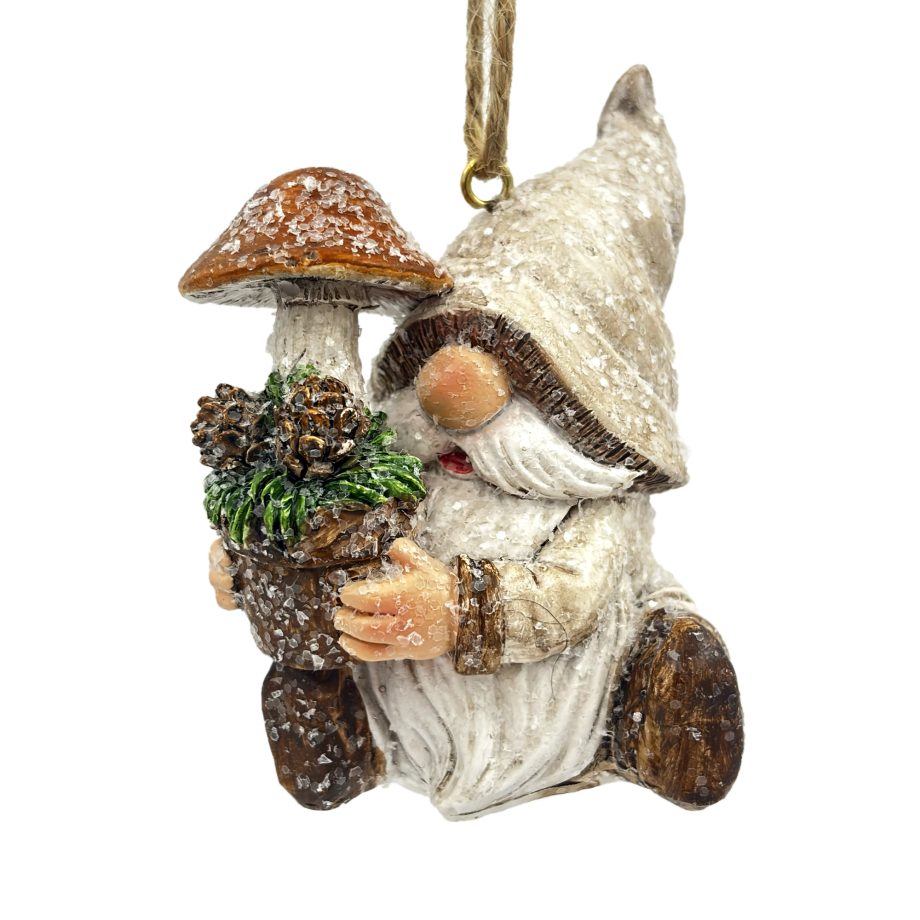 ORN GNOME RESIN BROWN/NATURAL 3.5" FROSTED/GLITTER HOLDING A MUSHROOM