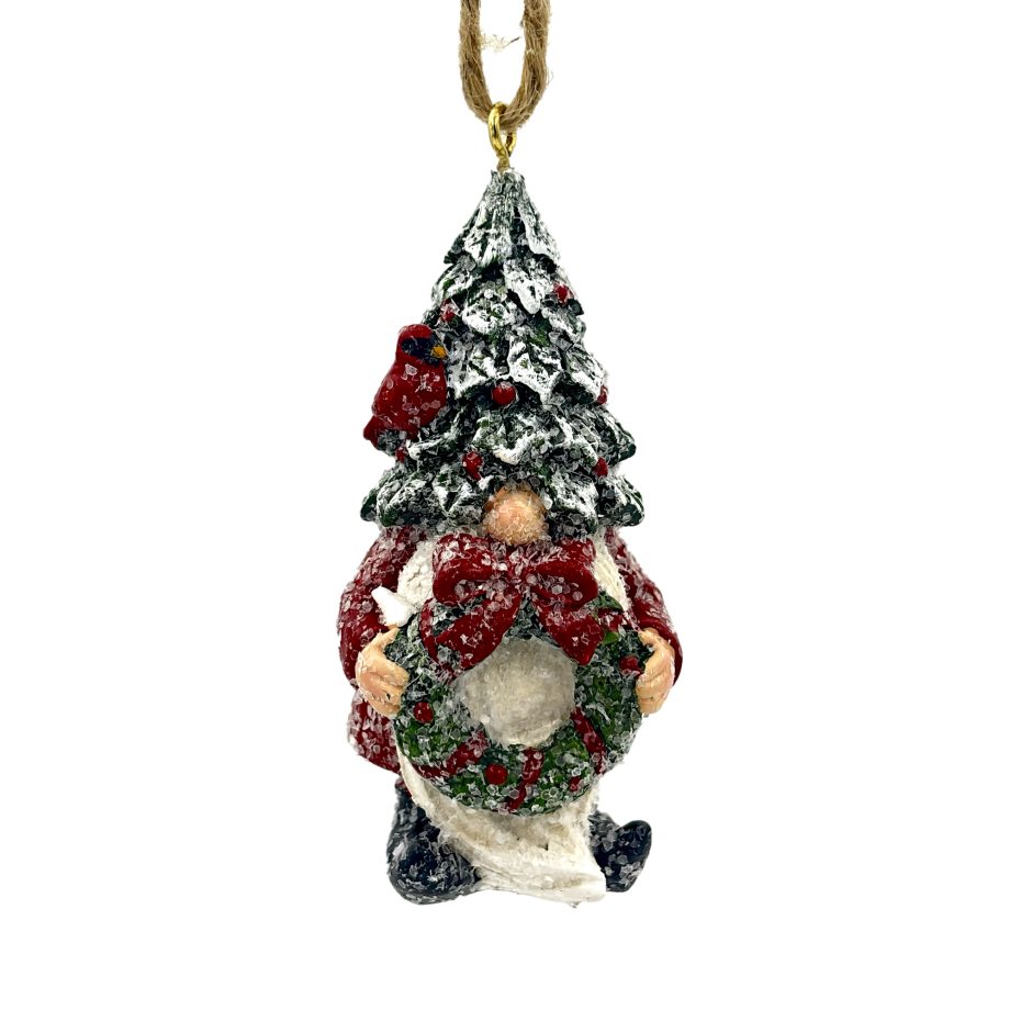 ORN GNOME RED/WHITE 4" FROSTED/GLITTER HOLDING A WREATH