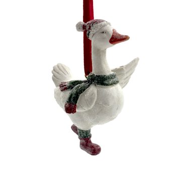 ORN GOOSE RESIN RED/WHITE 3.5" GLITTER W/ SANTA HAT