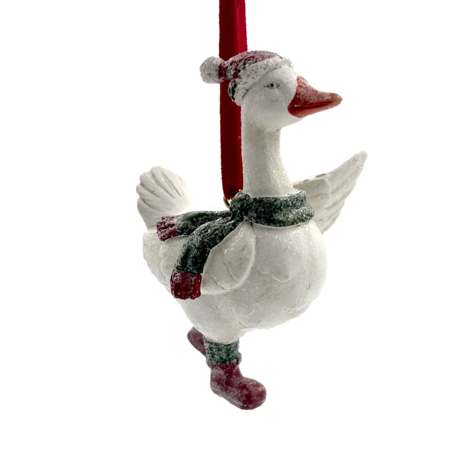 ORN GOOSE RESIN RED/WHITE 3.5" GLITTER W/ SANTA HAT