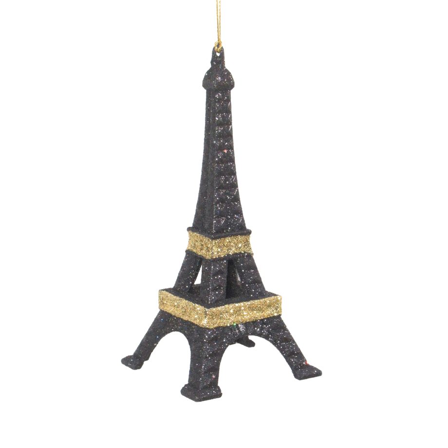 ORN EIFFEL TOWER BLK/GOLD 5.7" W/GLTR