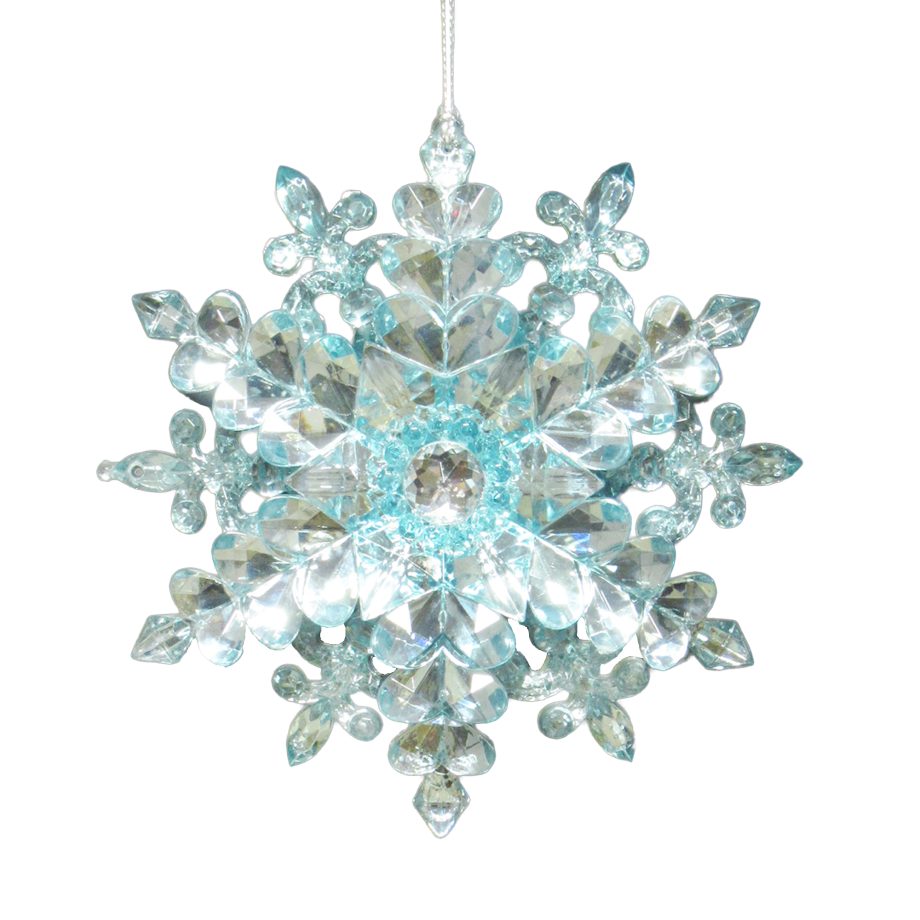ORN SNOWFLAKE AQUA BLUE 4.9" W/SHINY SILVER BACK