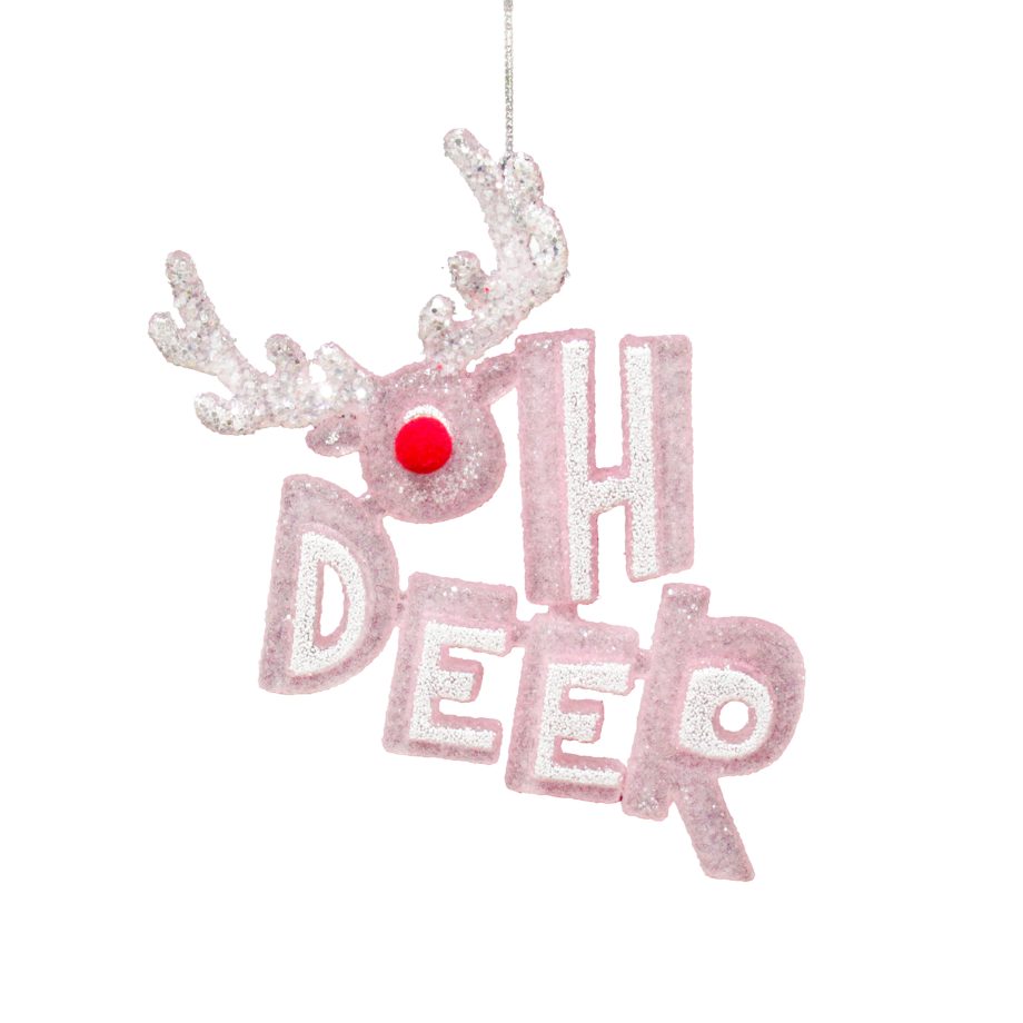 ORN DEER HEAD PALE PINK/WHITE W/ICE WHITE GLTR 5.5"