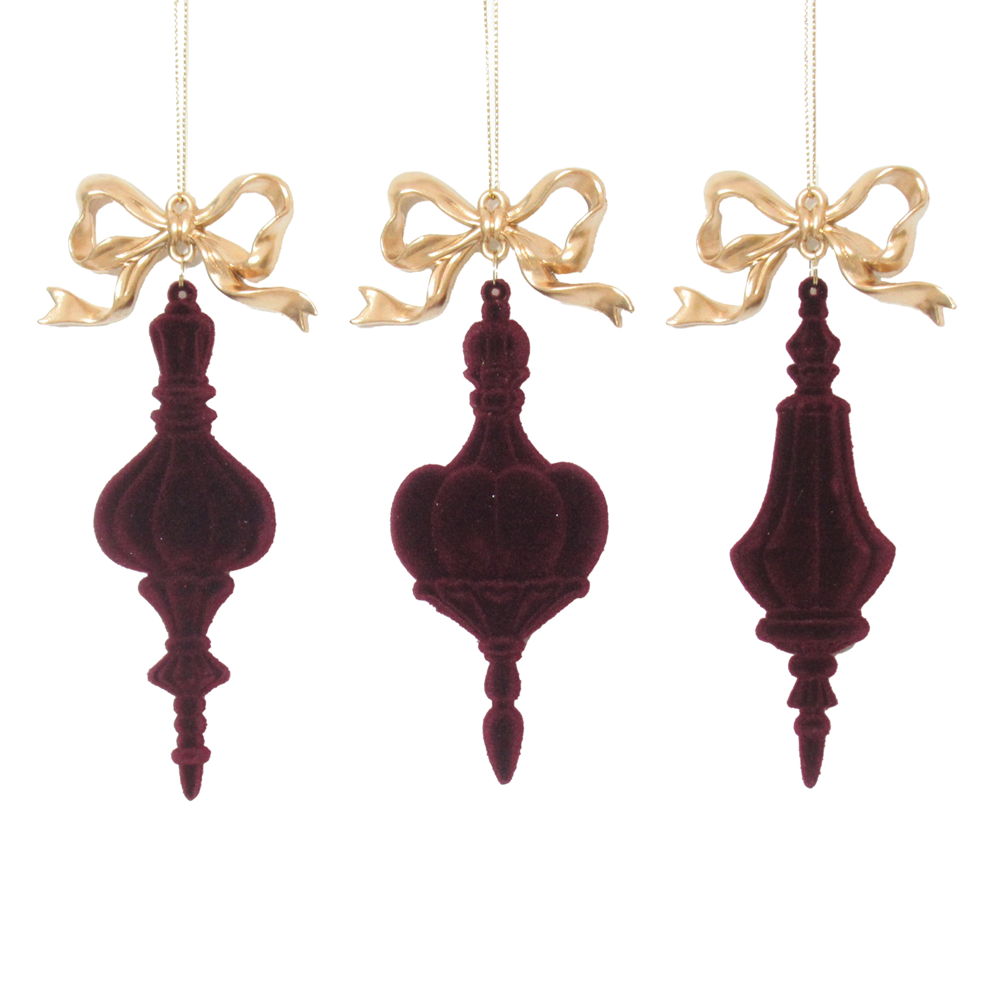 ORN FINIAL DROP W/ BOW 6.1"/6.3" MATTE GOLD W/BURGUNDY FLOCKING