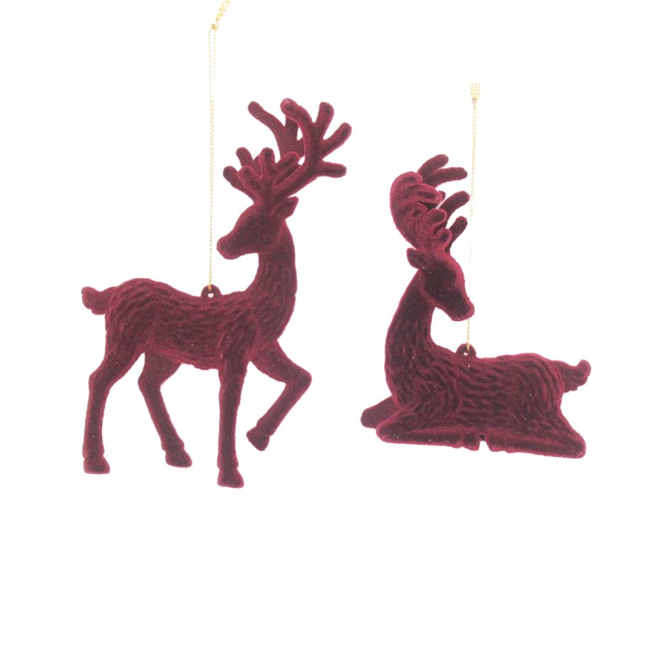 ORN REINDEER BURGUNDY FLOCKING 4" & 5.7" W/GLTR, 2/S