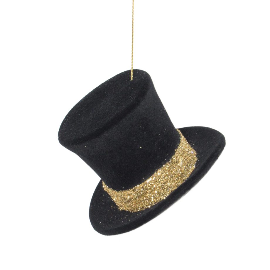 ORN TOP HAT BLACK FLOCKING W/GOLD GLTR BAND 2"H W/GLTR