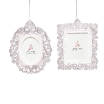ORN PHOTO FRAME PALE PINK/WHITE ICE WHITE 3.9" & 4.1" W/GLTR, 2/S
