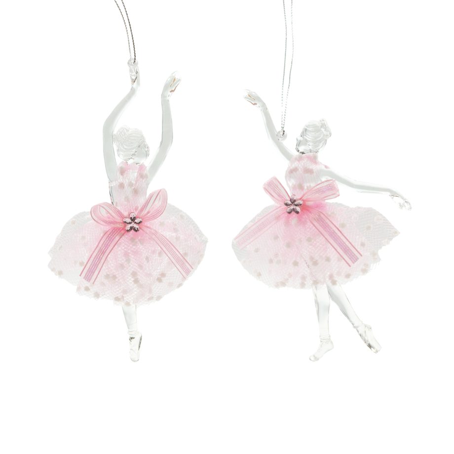 BALLERINA CLEAR W/PINK MESH SKIRT & RIBBON BOW 6.1" W/JEWEL, 2/S