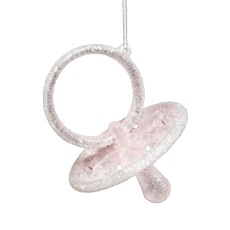 ORN PACIFIER PALE PINK W/PALE SILVER 3-D 4" W/GLTR