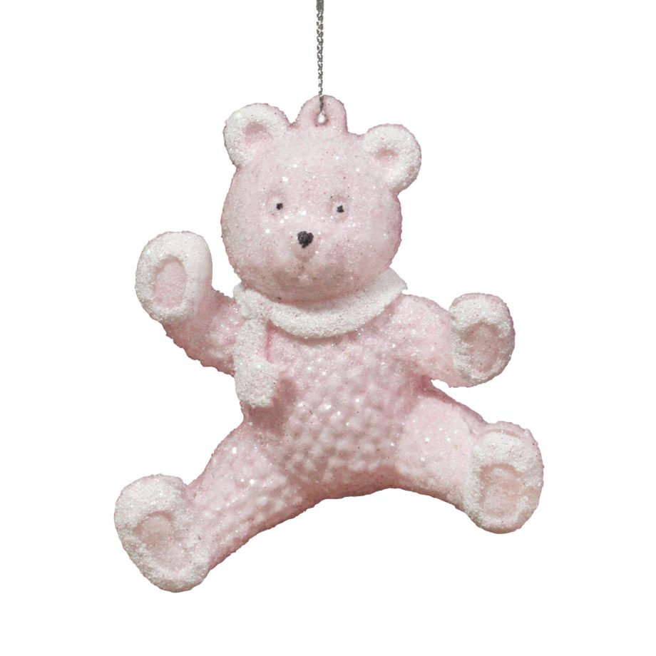 ORN BEAR PALE PINK W/WHITE ICE WHITE SITTING W/SCARF 3" W/GLTR