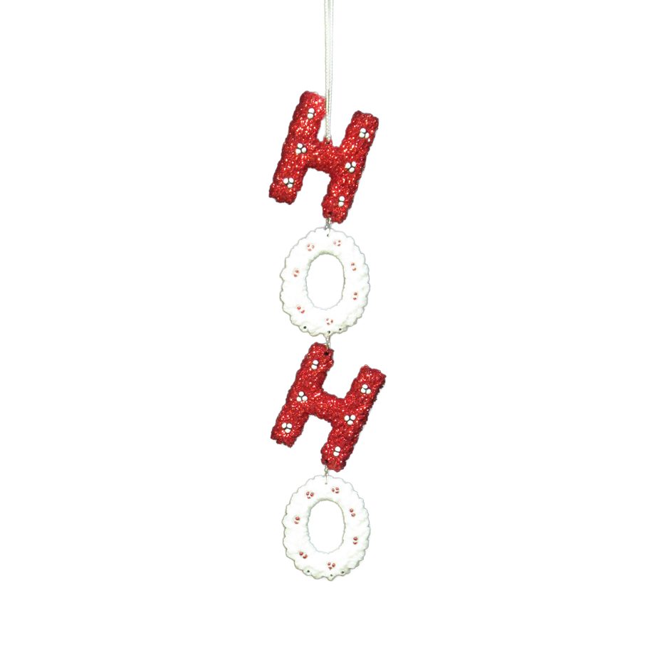 ORN STRING RED/WHITE "HO HO" 10.2" W/ICE WHT GLTR
