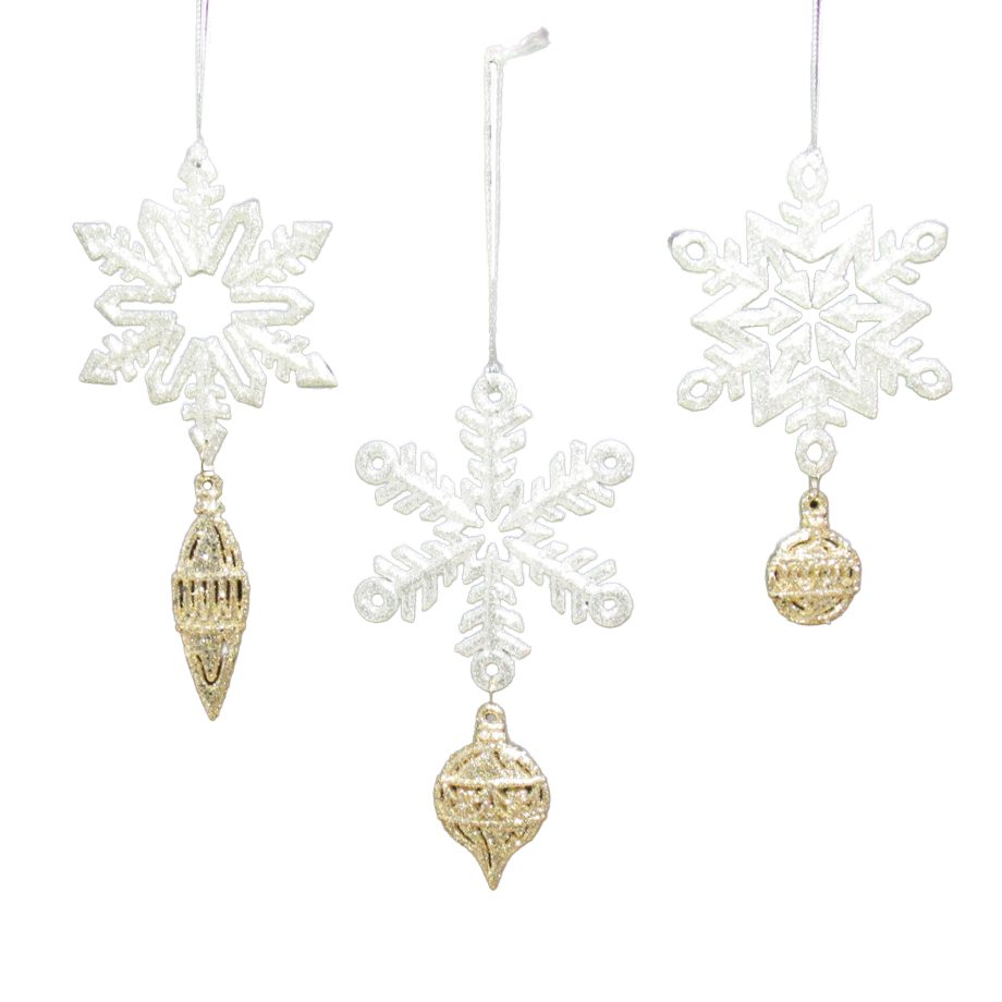 ORN SNOWFLAKE BRIGHT SILVER/CHAMP GOLD 5" ~ 5.9" W/GLTR, 3/S