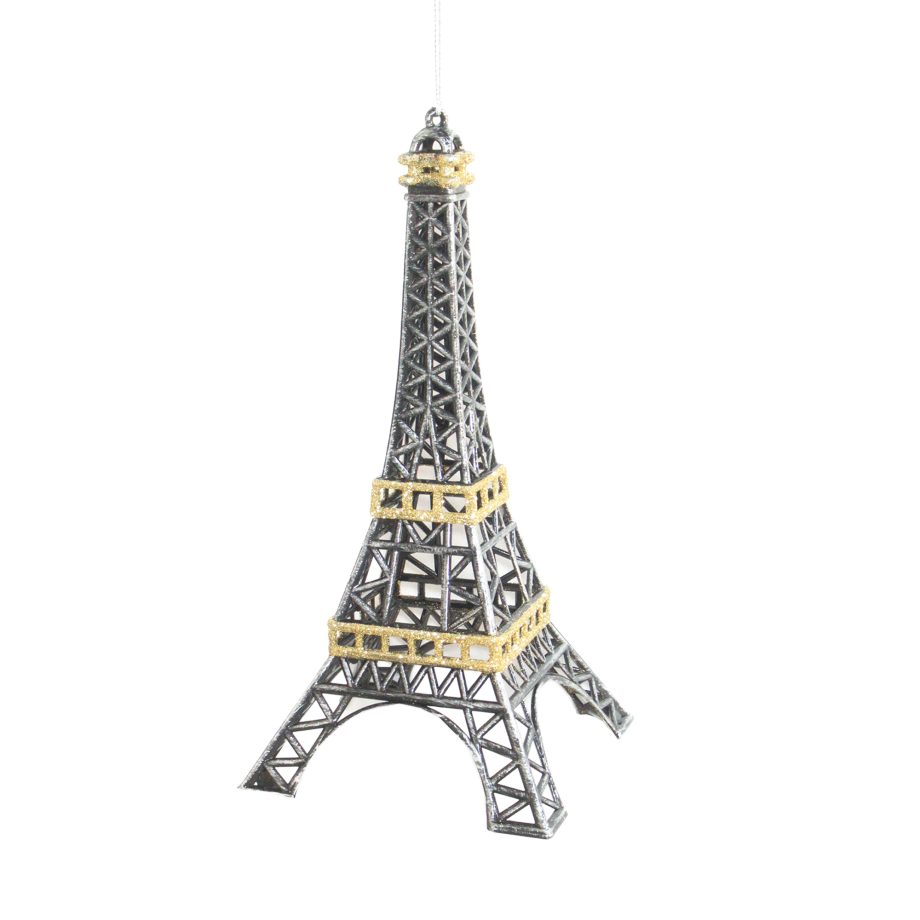 ORN EIFFEL TOWER ANTIQUE SILVER W/GOLD GLTR 10.2"