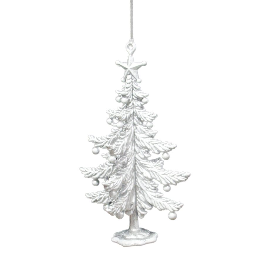 ORN XMAS TREE MATTE SILVER BRUSHED WHITE 3-D W/STAR TOP & STAND 5.5"