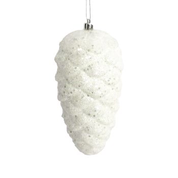 ORN PINE CONE 180MM WHITE/SILVER W/ GLITTER