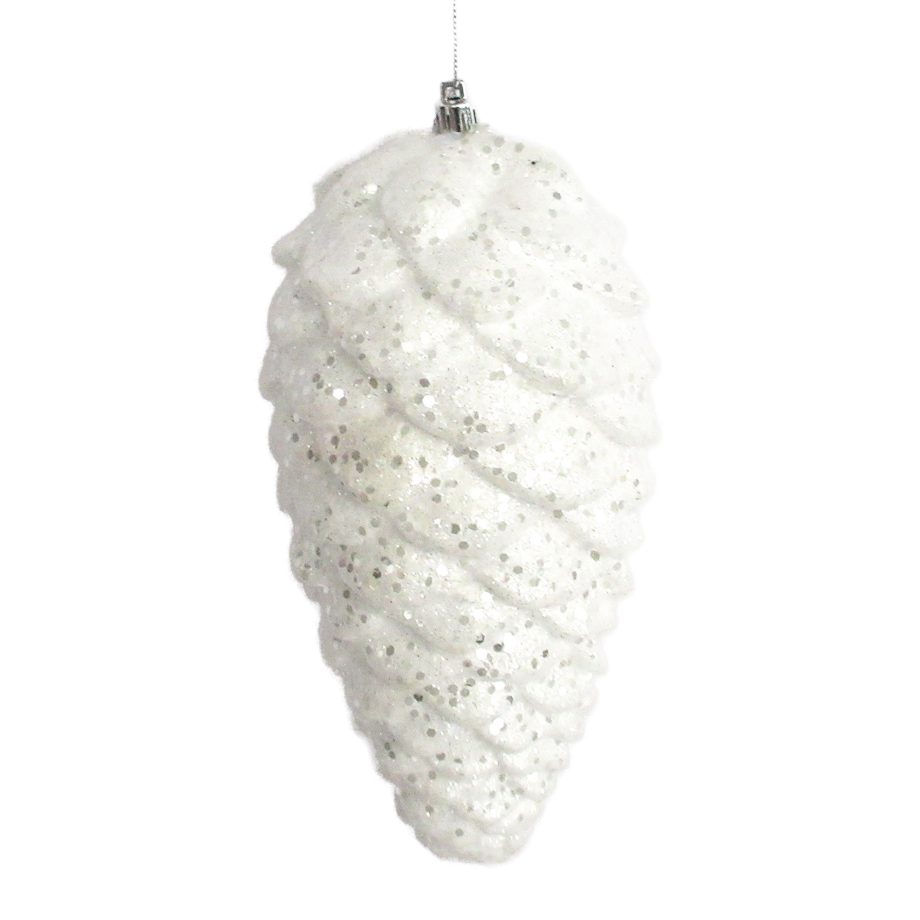 ORN PINE CONE 230MM WHITE/SILVER W/ GLITTER