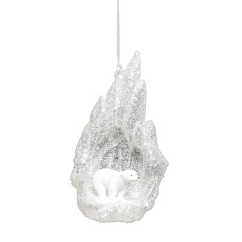 ORN ICE CAVE CLEAR/ICE WHITE 4.1" W/GLTR W/BEAR INSIDE