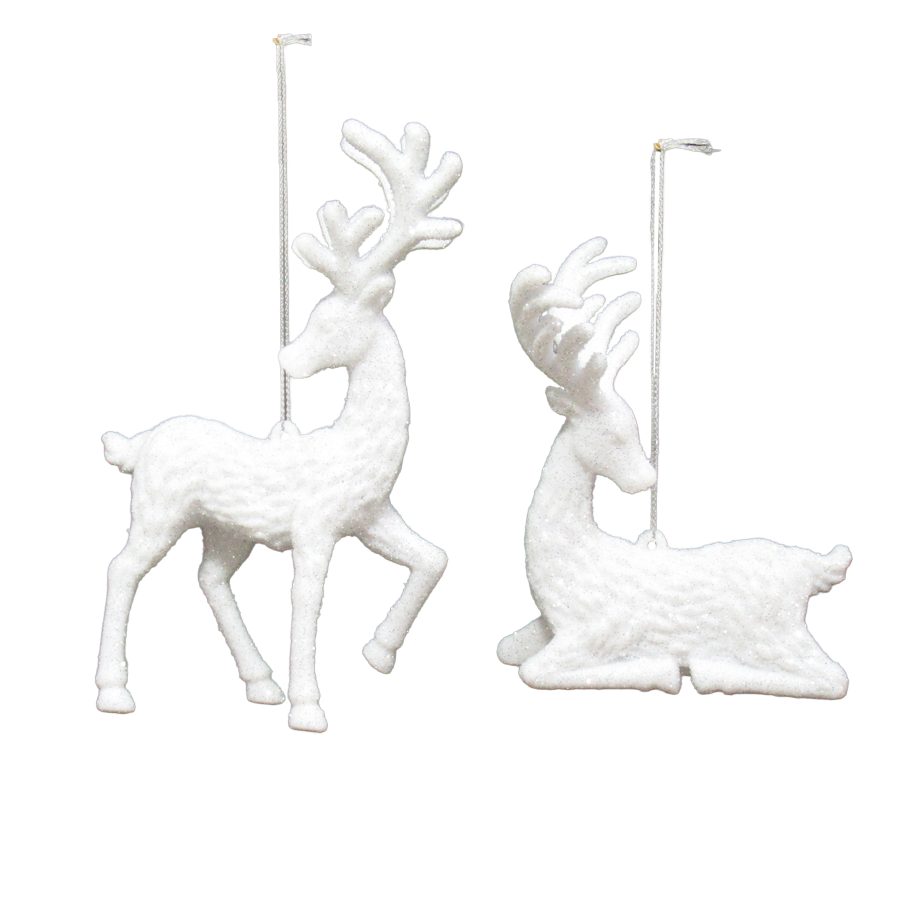 ORN REINDEER WHITE 4" & 5.7" W/ICE WHIT GLTR, 2/S
