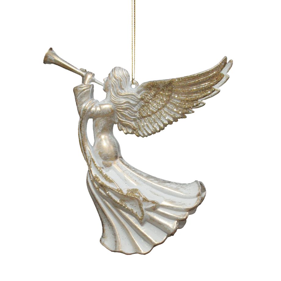 ORN ANGEL WHITE/GOLD W/HORN 5.7" W/CHAMPAGNE GOLD GLTR