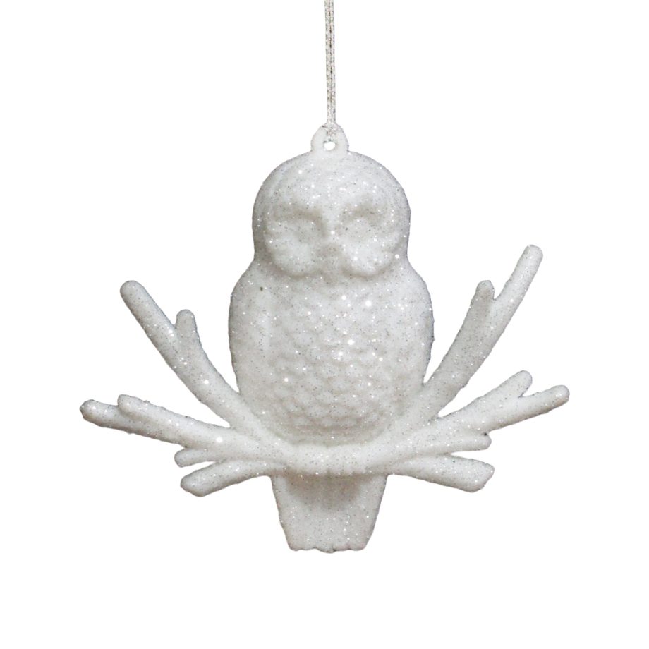 ORN OWL WHITE W/ICE WHITE ON BRANCH 3.3" W/GLTR