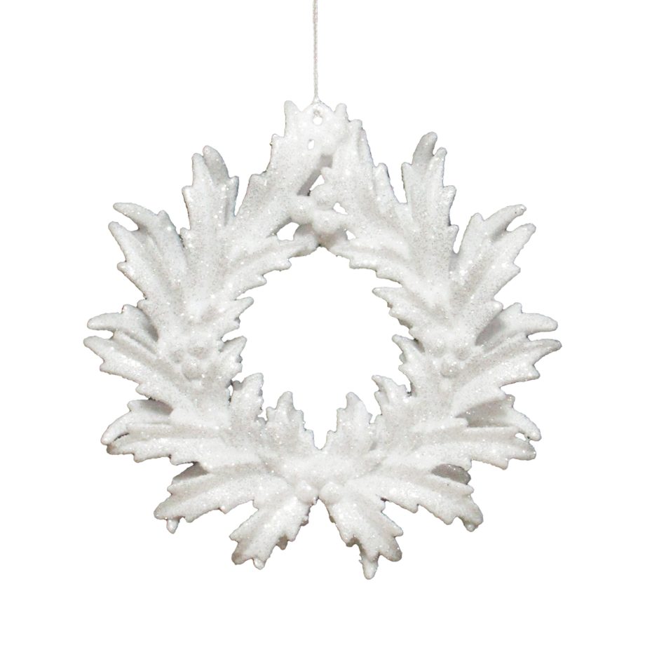 ORN WREATH WHITE W/ICE WHITE HOLLY LVS/BEERIES 5.1" W/GLTR