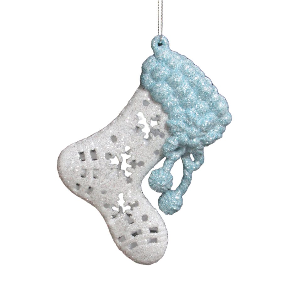 ORN STOCKING WHITE ICE WHITE/STARLLIGHT BLUE ENGRAVED 4.5" W/GLTR