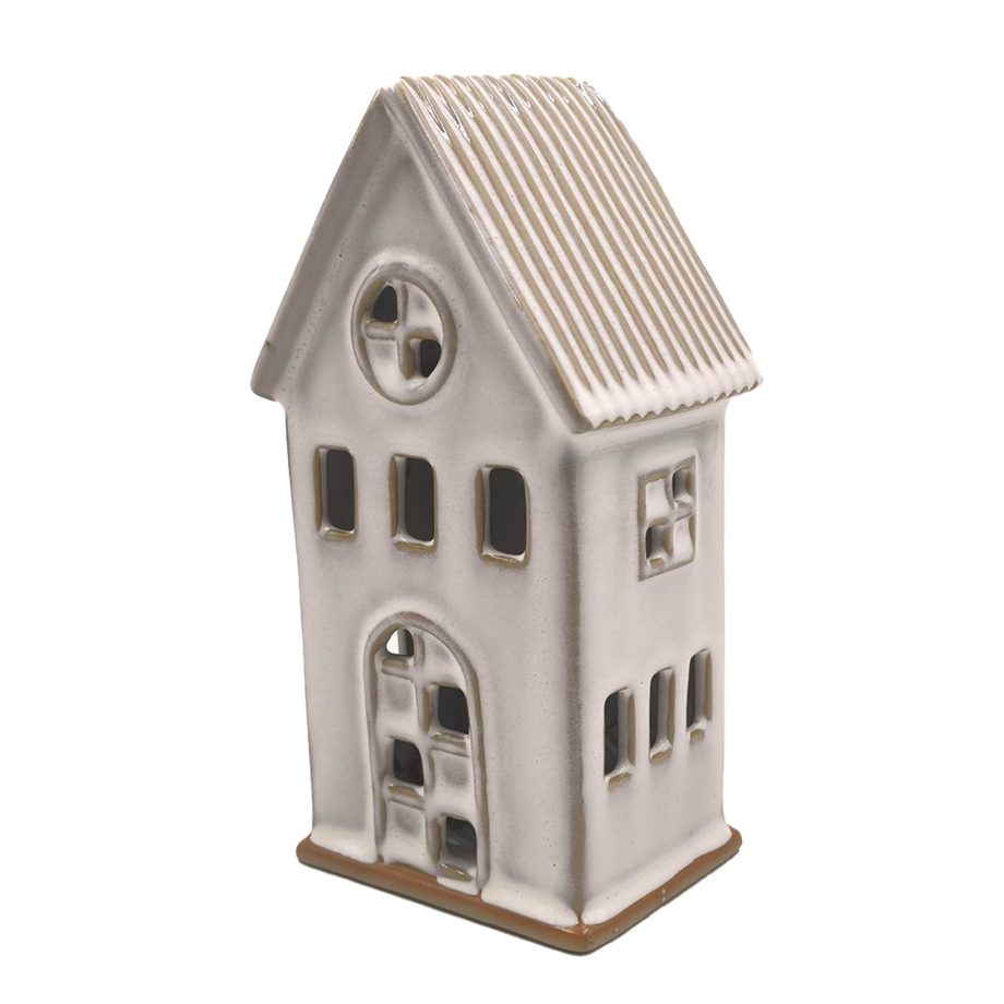 HOUSE STONEWARE FIGURINE GRAY 4"X3"X7" 3-STORY W/ CUT-OUT WINDOWS & RIDGED ROOF