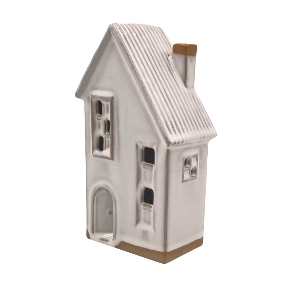 HOUSE STONEWARE FIGURINE GRAY 4.5"X3"X8" 3-STORY W/ CUT-OUT WINDOWS, CHIMNEY & RIDGED ROOF