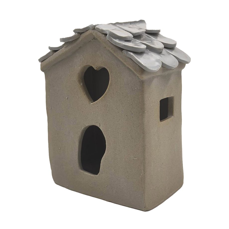 HOUSE STONEWARE FIGURINE COTTAGE-STYLE TAUPE 5.5"X3.5"X7" LED LIGHTS W/ TILE ROOF & HEART WINDOW CUT-OUT