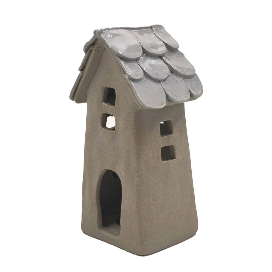 HOUSE STONEWARE FIGURINE COTTAGE-TOWER-STYLE TAUPE 3.5"X3"X6.5" LED LIGHTS W/ TILE ROOF & WINDOW CUT-OUTS
