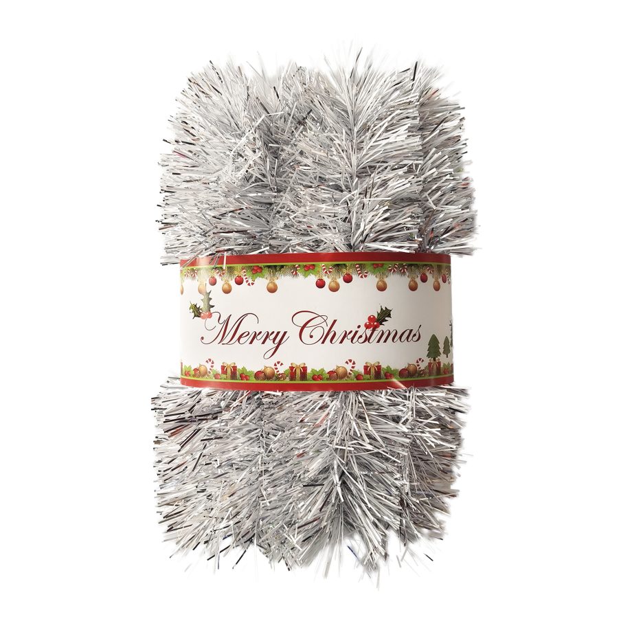 TINSEL GARLAND 2.7" X 5PLY X 9FT SHINY WHITE/SILVER