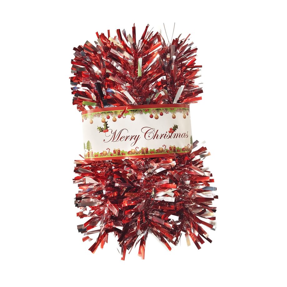 TINSEL GARLAND 3.5" X 5PLY X 9FT SHINY RED/SILVER CHUNKY