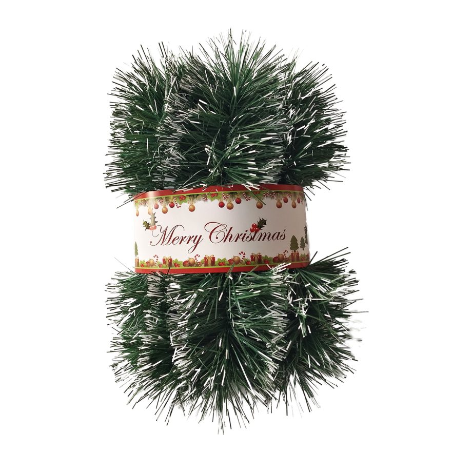 TINSEL GARLAND 4" X 6 PLY X 9FT MATTE DARK GREEN W/ WHITE TIPS