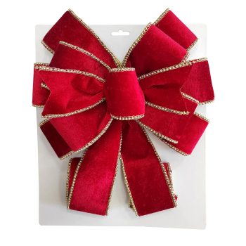 BOW TREE TOPPER  11"X 31" RED VELVET W/ GOLD BEADED TRIM