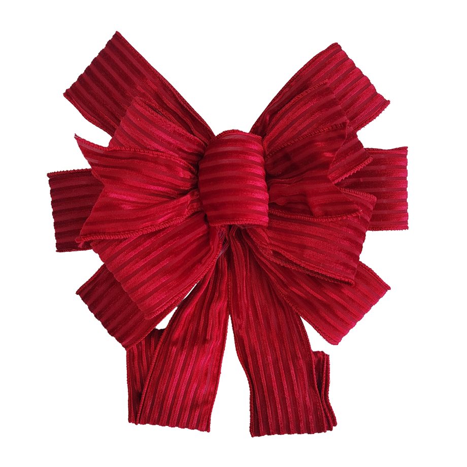 BOW TREE TOPPER 11"X31" RED VELVET RIBBED TEXTURE