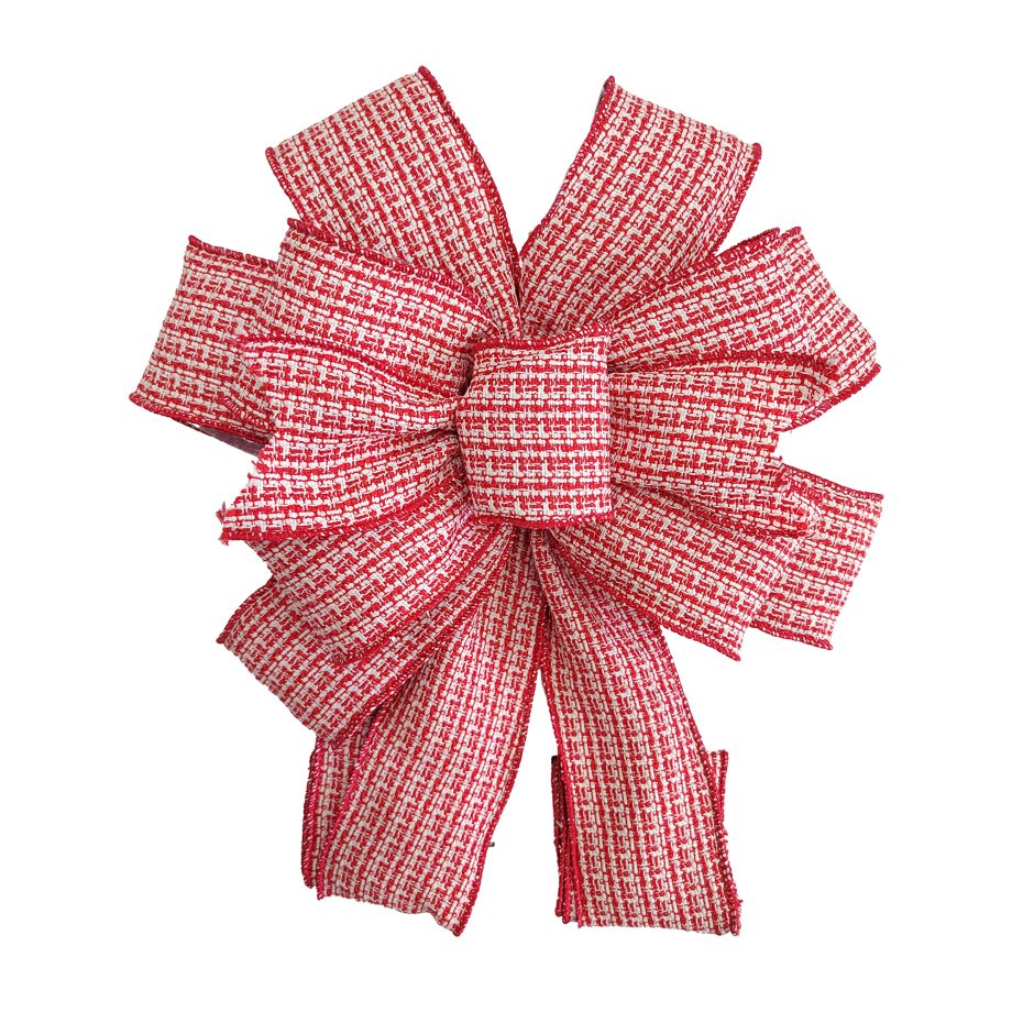 BOW TREE TOPPER 11"X31" RED/WHITE PLAID WOVEN TEXTURE