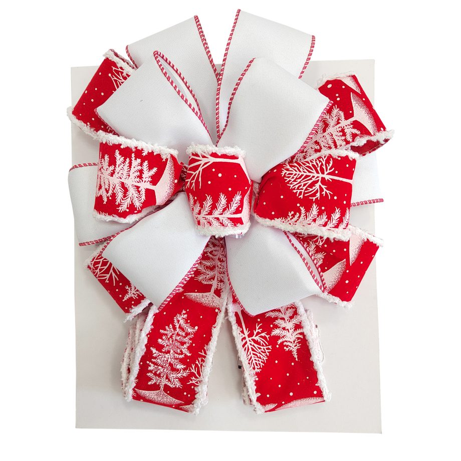 BOW TREE TOPPER 11" X 31" RED & WHITE W/ TREES, DEER & SNOW PATTERN