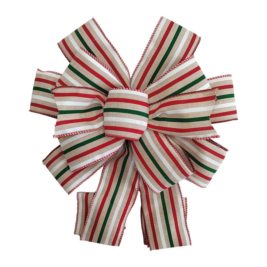 BOW TREE TOPPER 11"X31" RED/CREAM/BEIGE/GREEN STRIPES