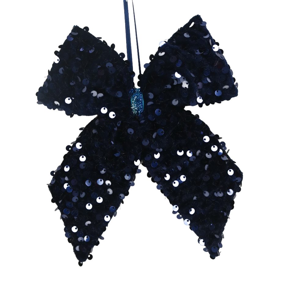 ORN FABRIC BOW 6" DARK BLUE W/SEQUINS