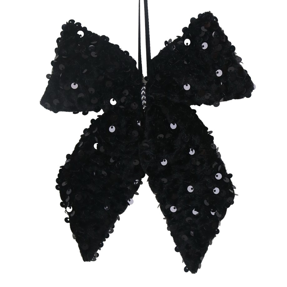 ORN FABRIC BOW 6" BLACK W/SEQUINS