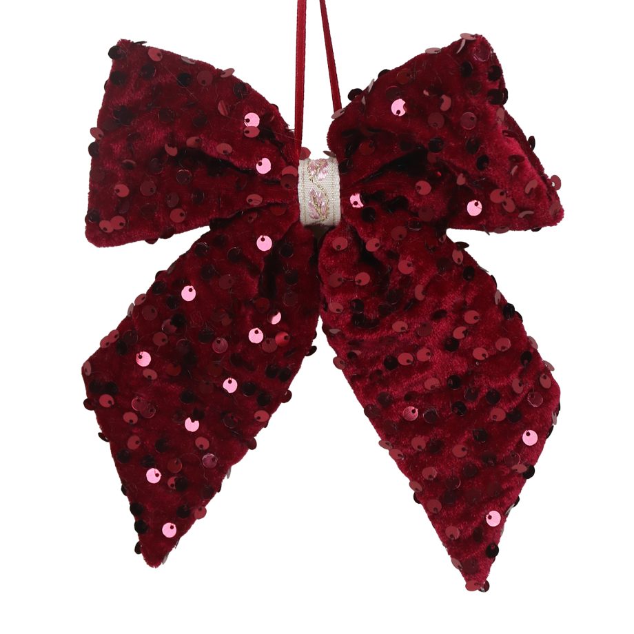 ORN FABRIC BOW 6" BURGUNDY W/SEQUINS