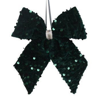 ORN FABRIC BOW 6" DARK GREEN W/SEQUINS